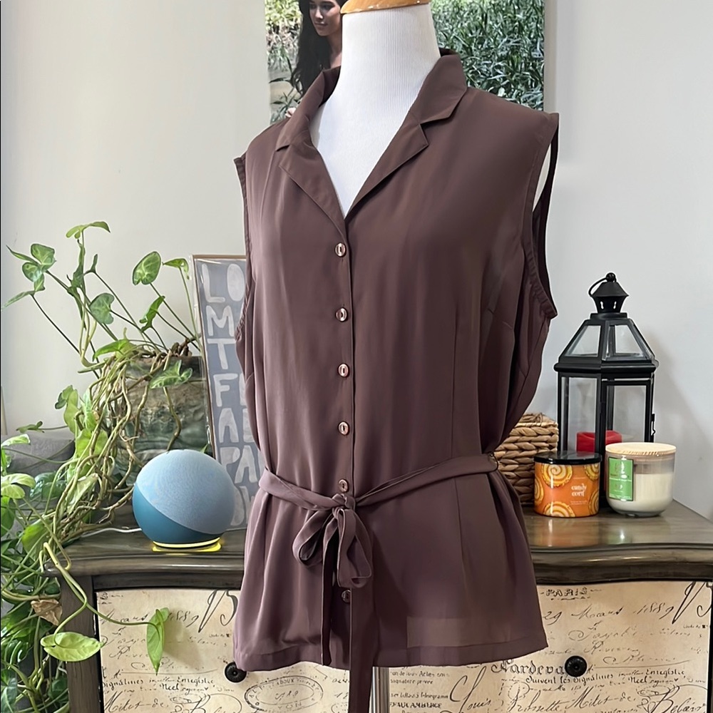 JACLYN SMITH SLEEVELESS BUTTON DOWN BELTED BLOUSE BROWN SIZE LARGE - Picture 6 of 12
